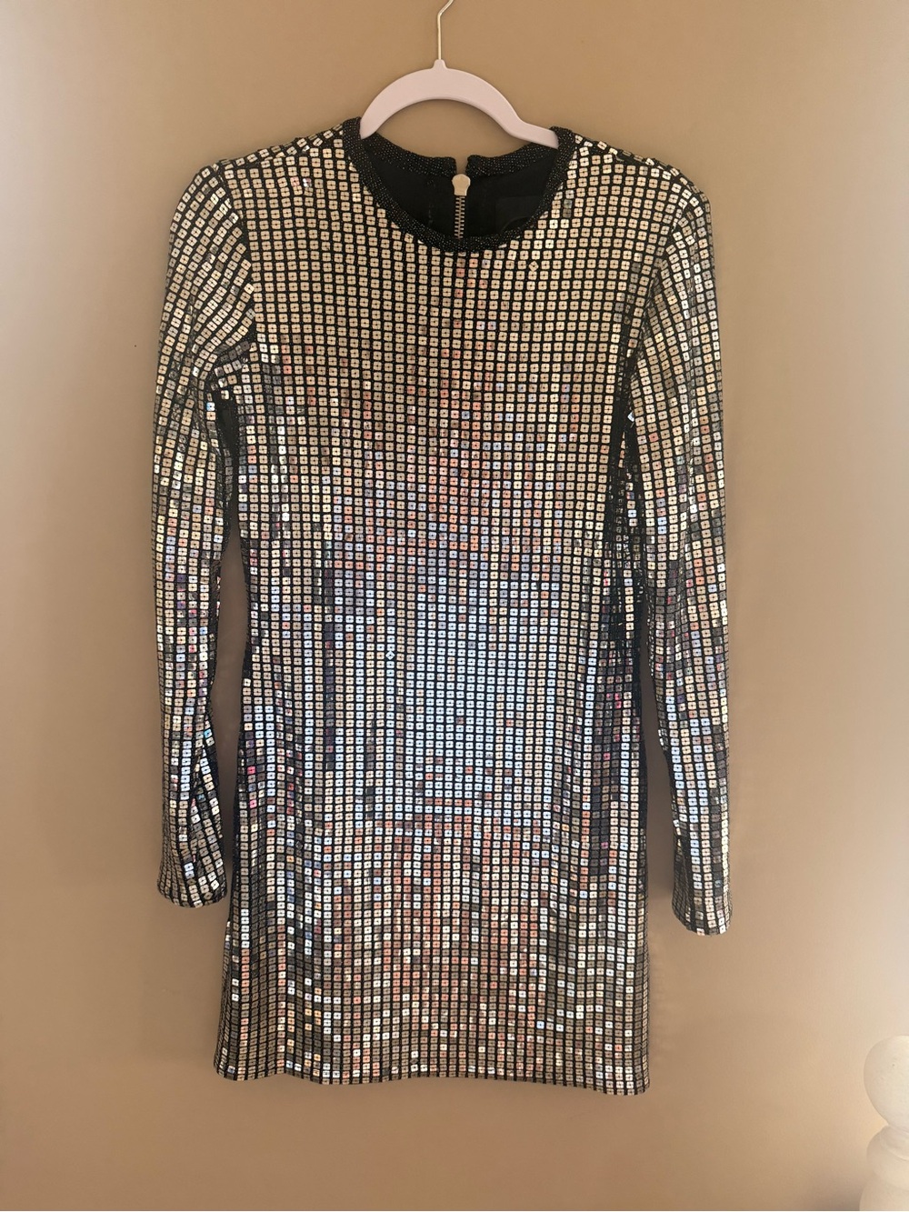 Le Superbe Silver Sequin Mirror Disc Long Sleeve Mini Dress - LG NWT MSRP $445 - Picture 2 of 5